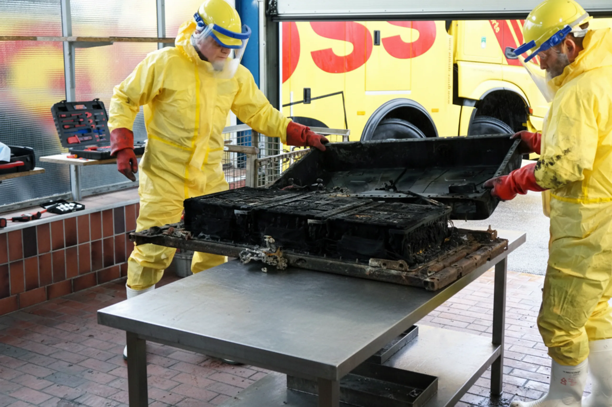 Zwei Personen in Schutzanzügen heben ein schwarzes, beschädigtes Gerät auf einen Tisch in einer Werkstatt.