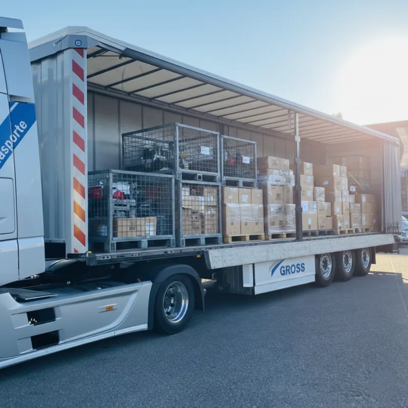 LKW mit geöffneter Plane, beladen mit Paletten und Gitterboxen voller Pakete auf einer Lieferfläche.
